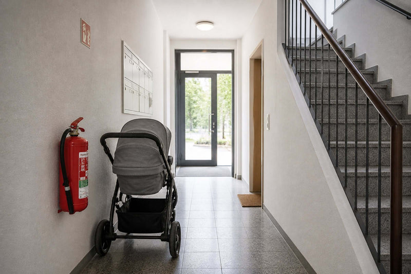 Kinderwagen im Hausflur neben einer Wohnungstür als Beispiel für Brandschutz im Treppenhaus und fehlende Abstellmöglichkeiten.