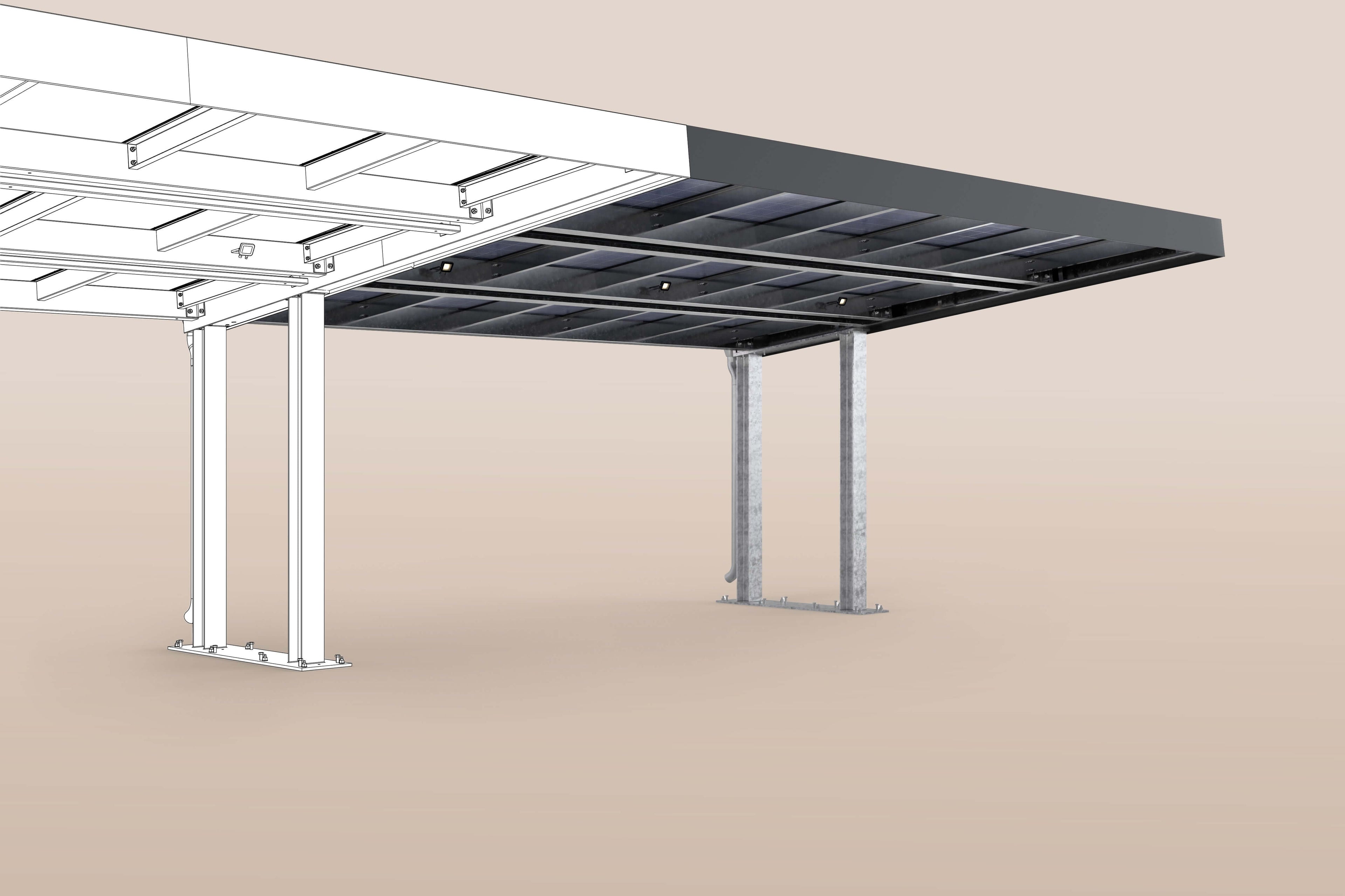 Carportsystem SolarCover mit robustem Dachdesign und stabilen Stützen für optimalen Sonnenschutz.
