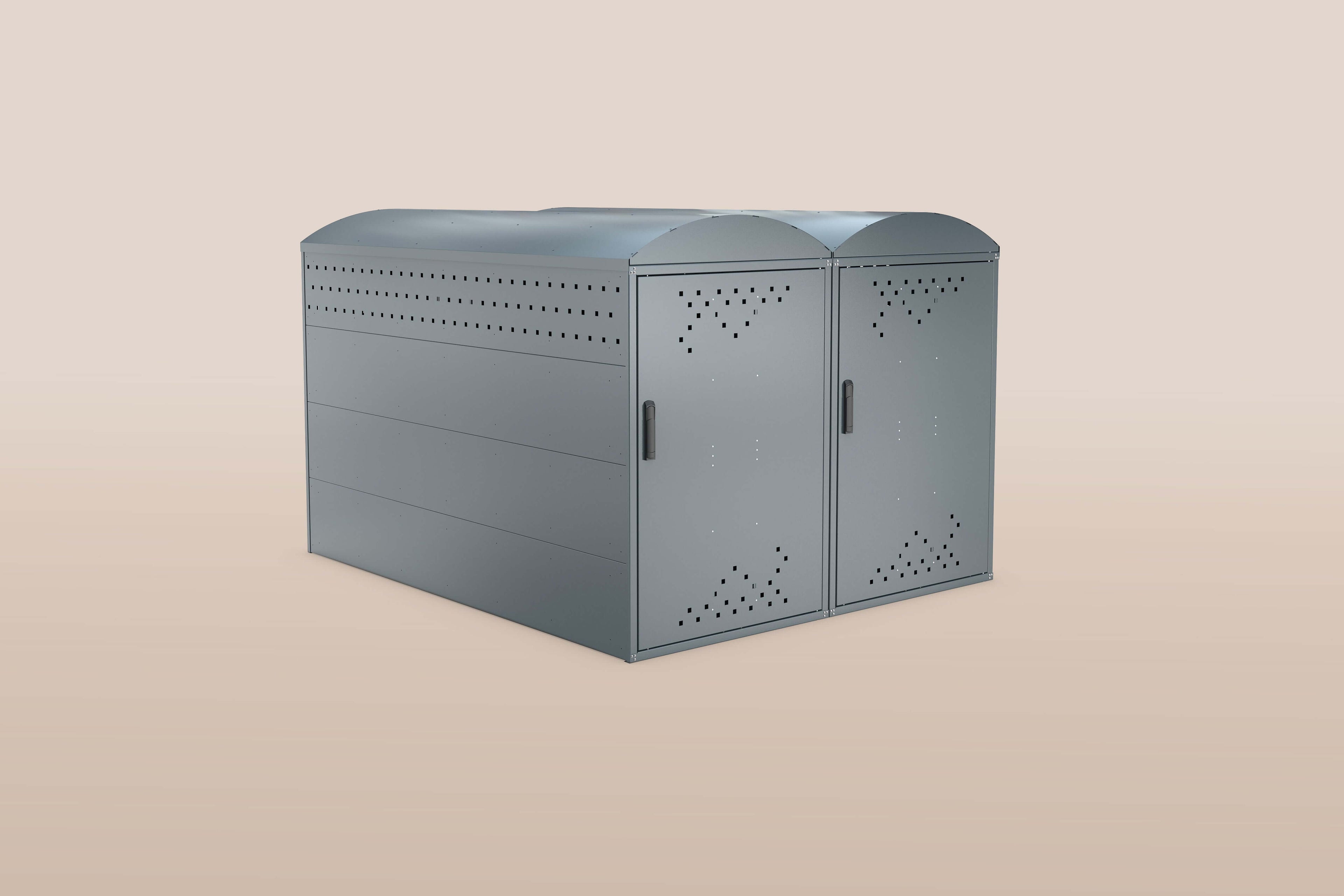 Fahrradgarage BikeBox 1 Bogendach aus verzinktem Stahlblech mit doppelten Türen und robustem Design, wettergeschützt.