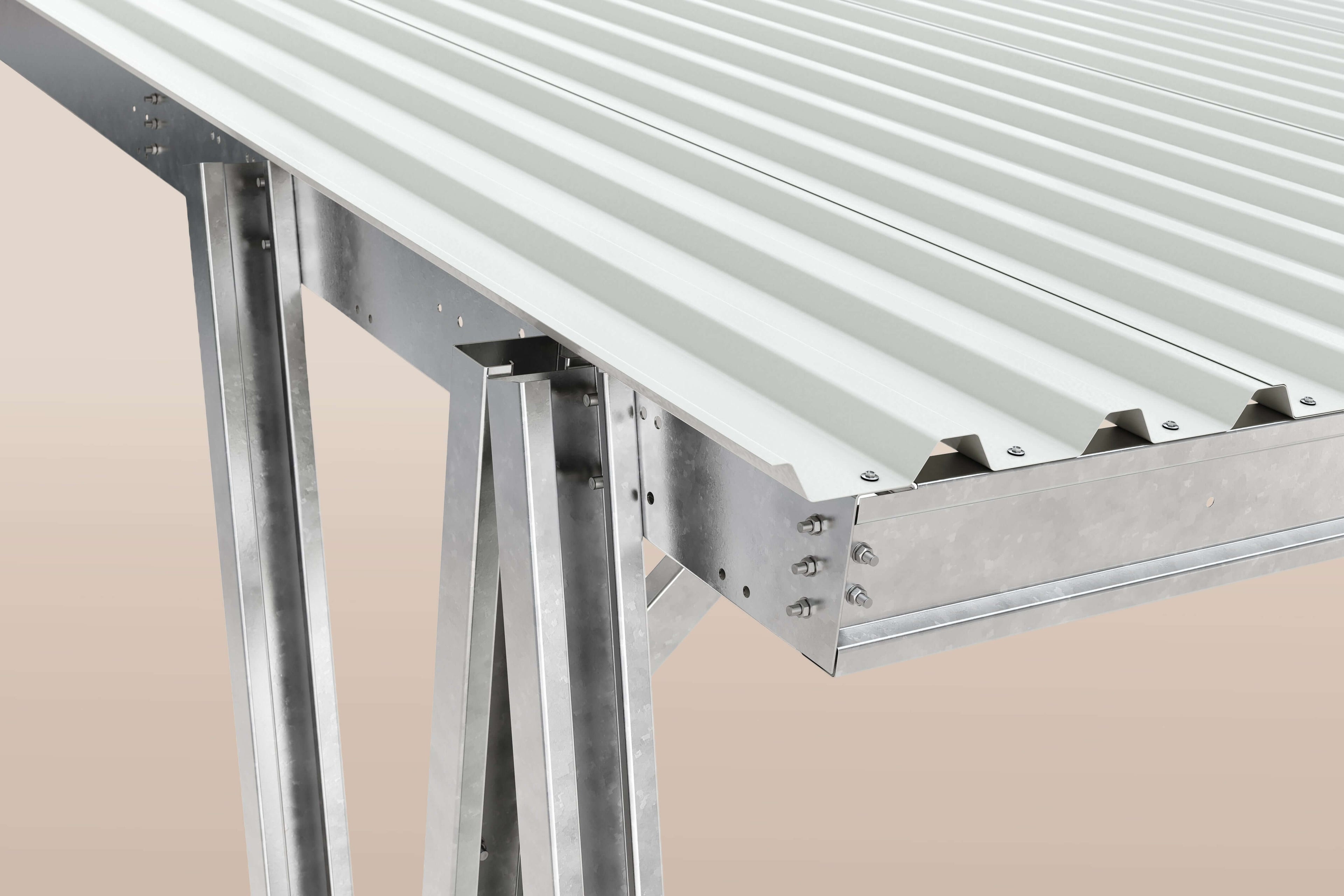 Detailaufnahme der Trapezblecheindeckung des Carportsystems EcoCover aus verzinktem Stahl.