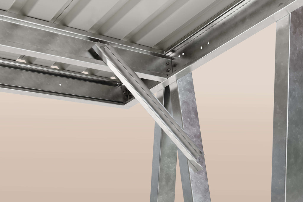 Detailansicht der stabilen Konstruktion des Carportsystem EcoCover aus verzinktem Stahl.
