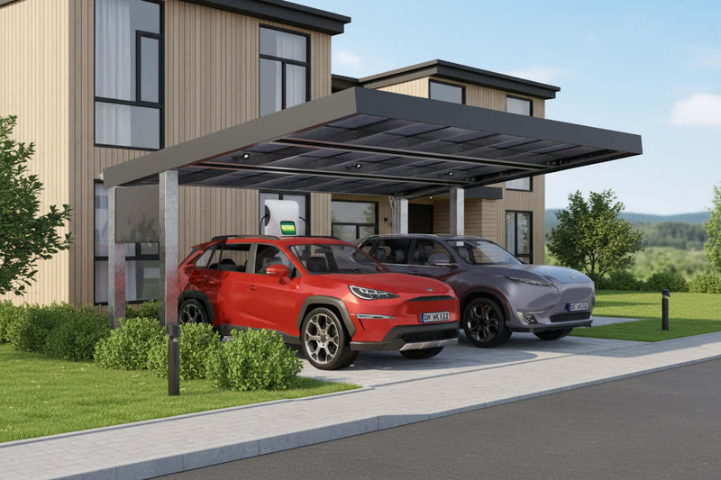 Solarcarport SolarCover mit zwei Fahrzeugen unter Photovoltaik-Dachanlage