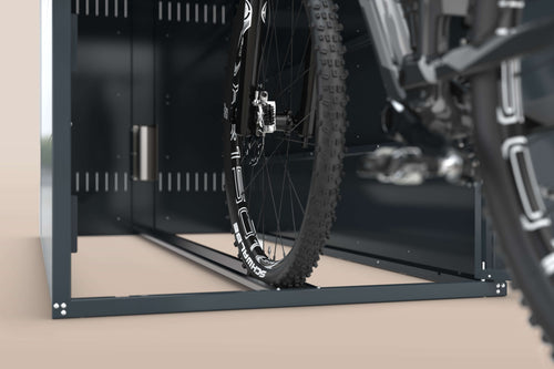Fahrradgarage BikeBox 1 Bogendach mit gesichertem Platz für Fahrräder und E-Bikes im Innenraum.