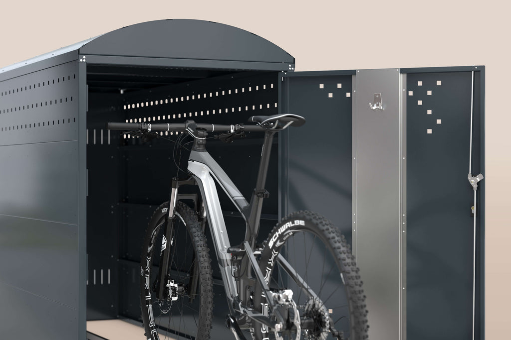 Fahrradgarage BikeBox 1 Bogendach mit Mountainbike im Inneren, wettergeschützt und sicher.