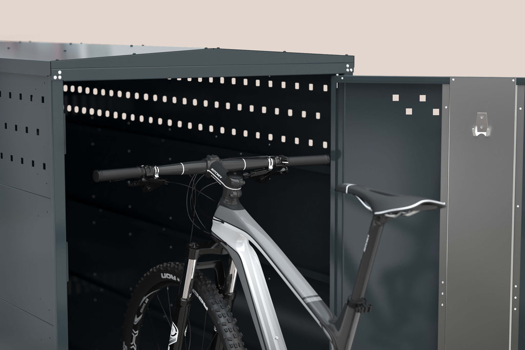 Fahrradgarage BikeBox 1 ID mit Mountainbike in modernem Design und stets sicherem Schutz.