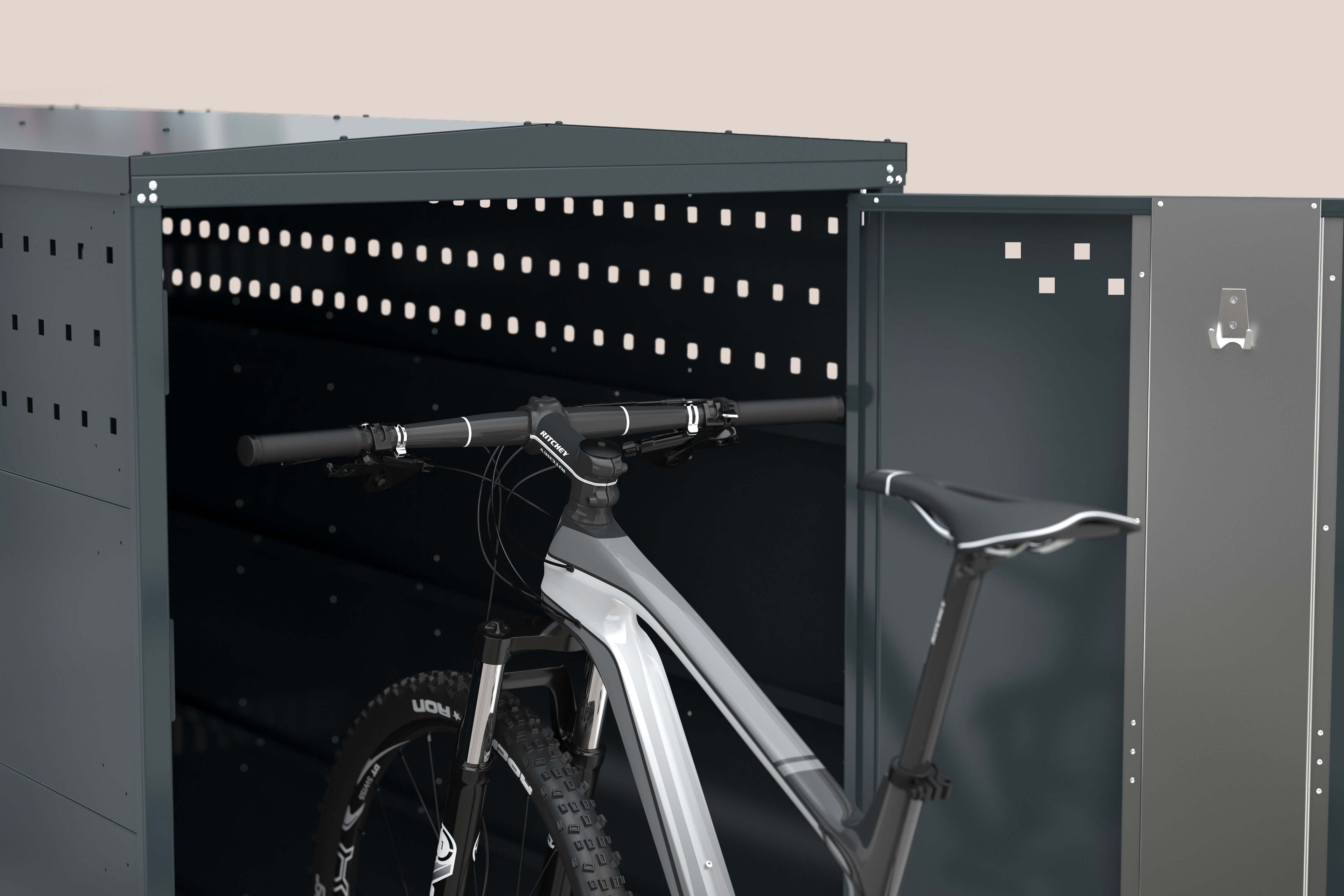 Fahrradgarage BikeBox 1 ID mit Mountainbike in modernem Design und stets sicherem Schutz.