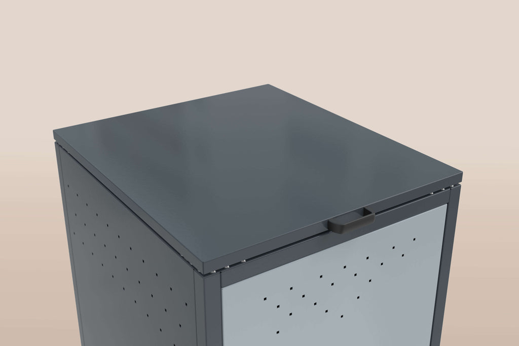 Mülltonnenbox BinStore mit robustem, korrosionsgeschütztem Stahlblech und elegantem Design für Außenbereiche.