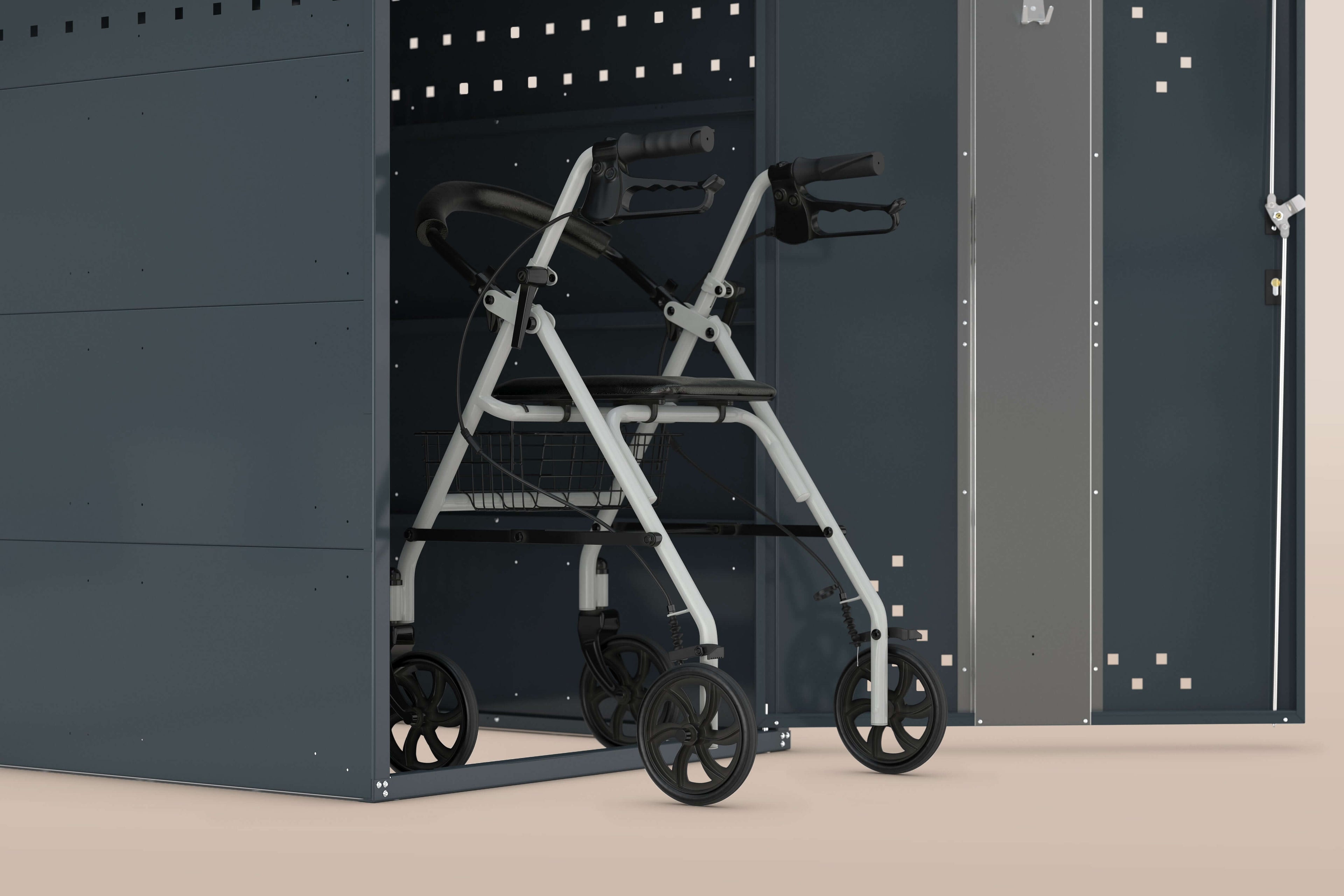 Rollatorbox mit Gehhilfe im Inneren, bietet wettergeschützte Abstelllösung für Rollatoren.