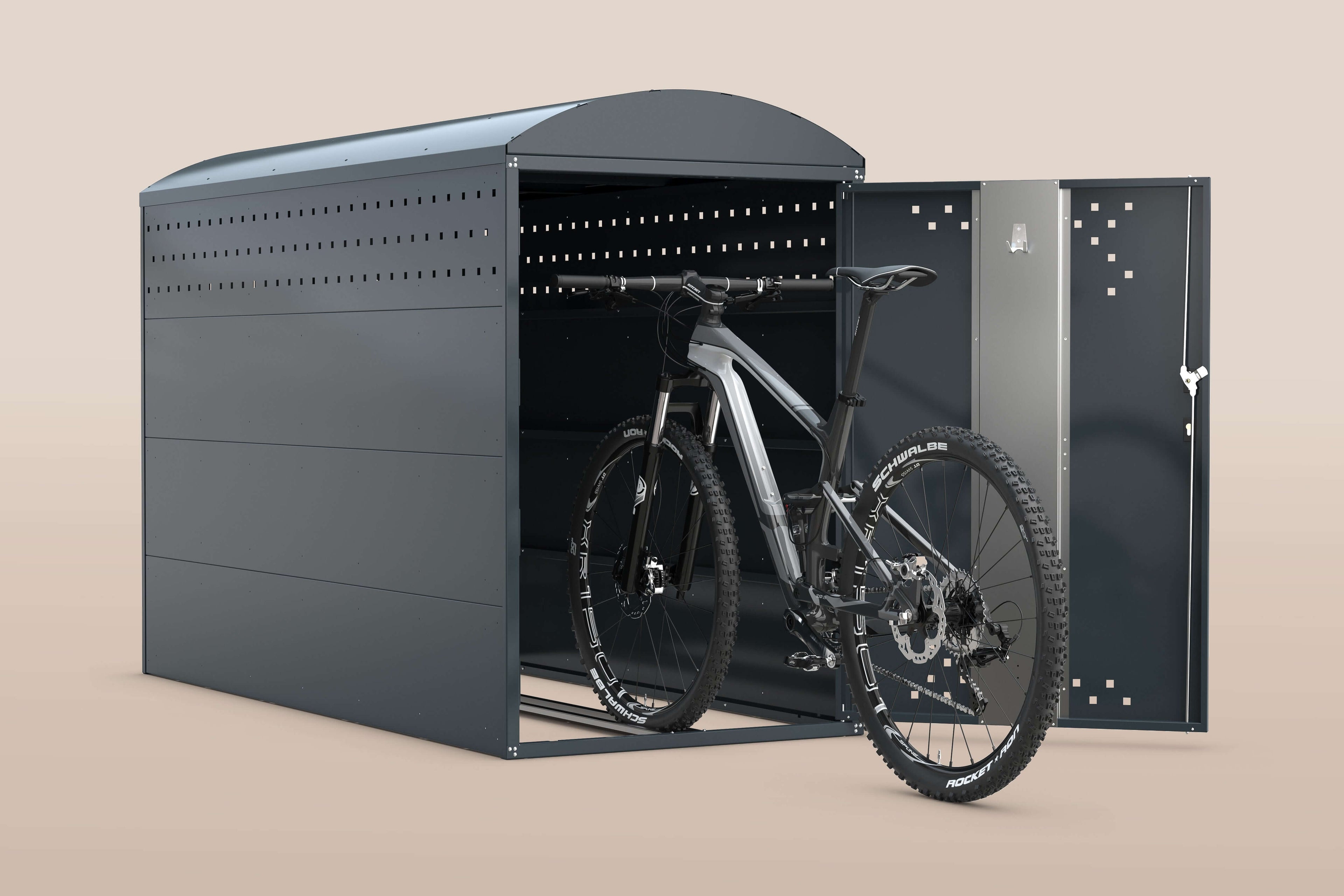 Fahrradgarage BikeBox 1 Bogendach mit Mountainbike, elegante und sichere Aufbewahrungslösung für Fahrräder.