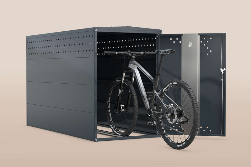Fahrradgarage BikeBox 1 ID mit Mountainbike im Inneren und geöffnetem Zugang.