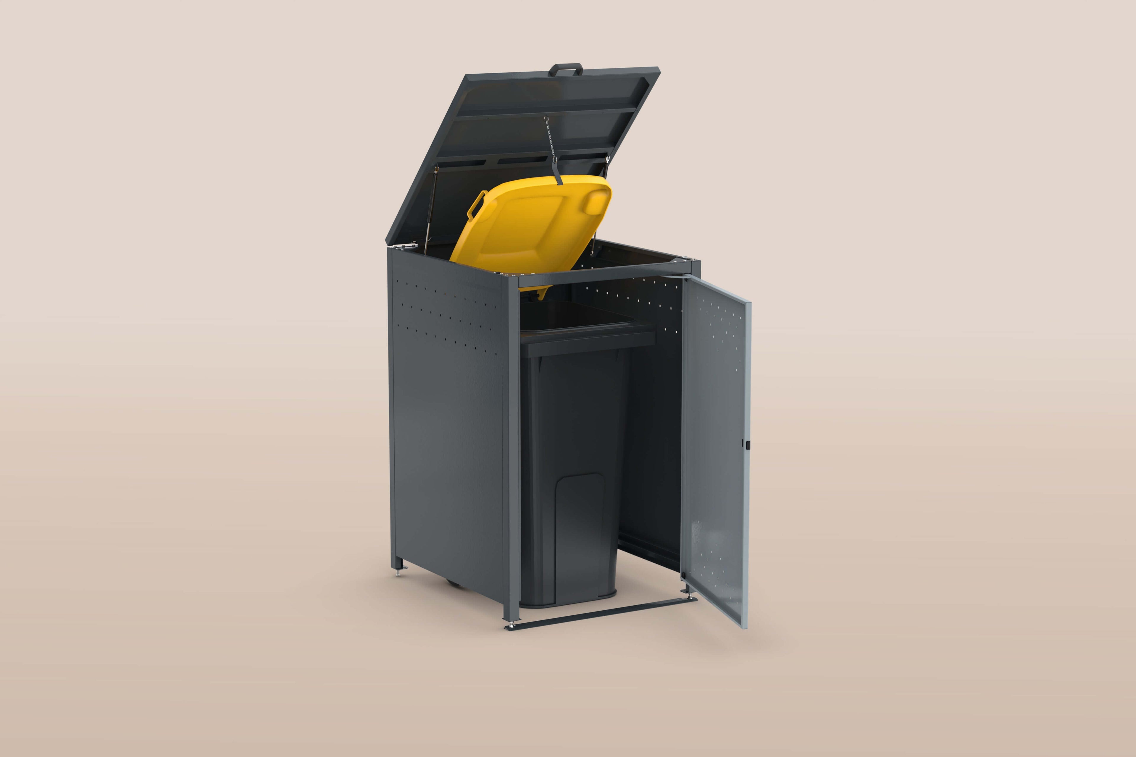 Mülltonnenbox Binstore mit geöffneter Klappe und gelber Mülltonne im Inneren, elegante Abfallbehälter-Lösung.