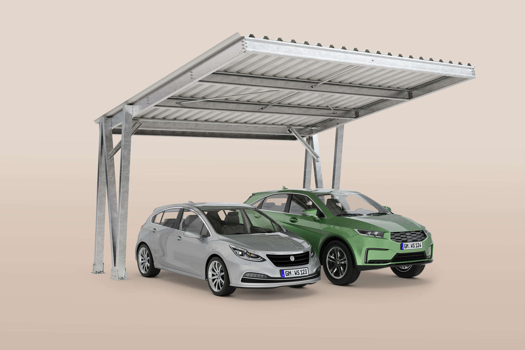 Carport EcoCover mit zwei Fahrzeugen, robustes Carportsystem aus verzinktem Stahl, optimaler Witterungsschutz.