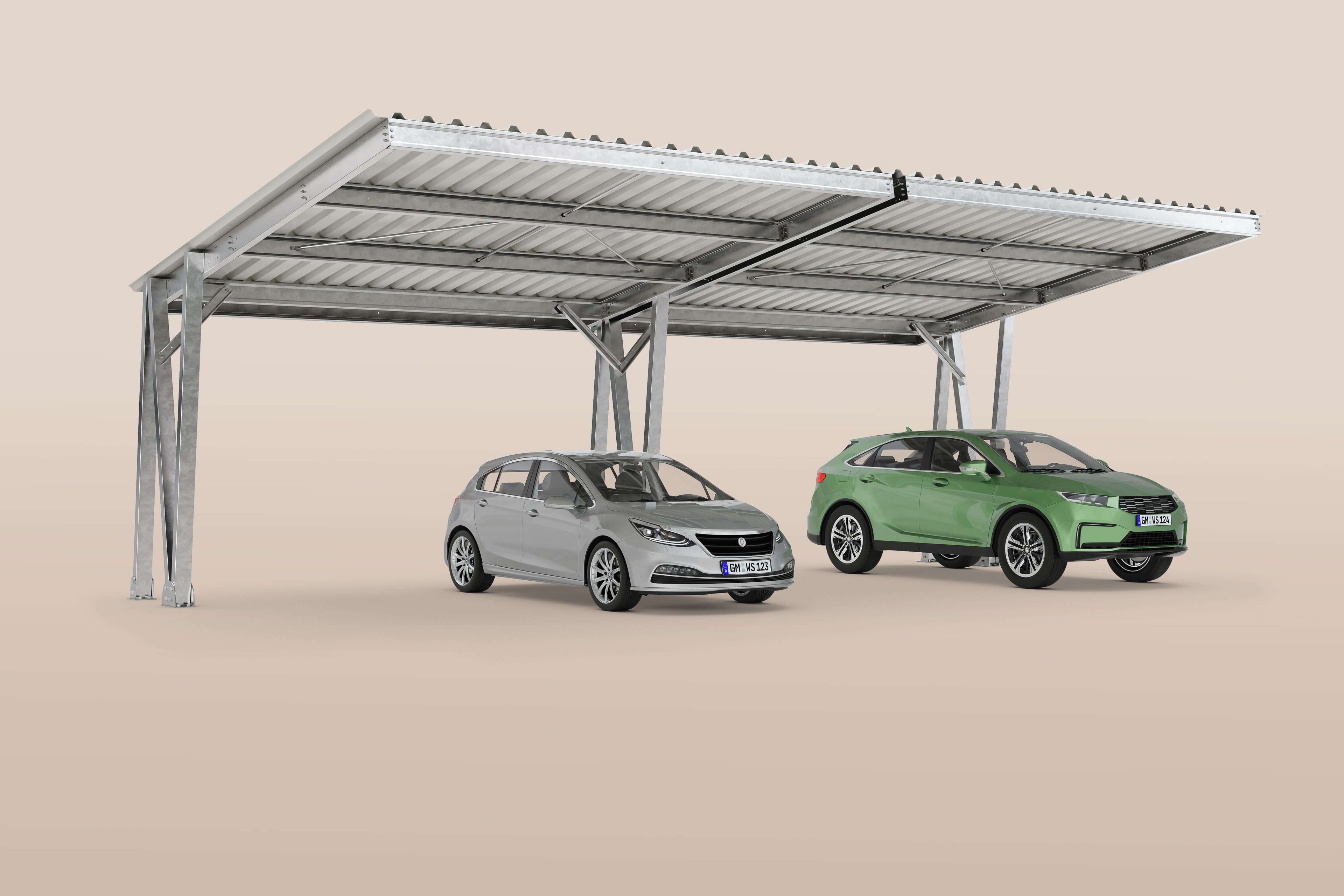 Carport EcoCover mit zwei geparkten Autos, aus verzinktem Stahl, bietet optimalen Schutz vor Witterungseinflüssen.