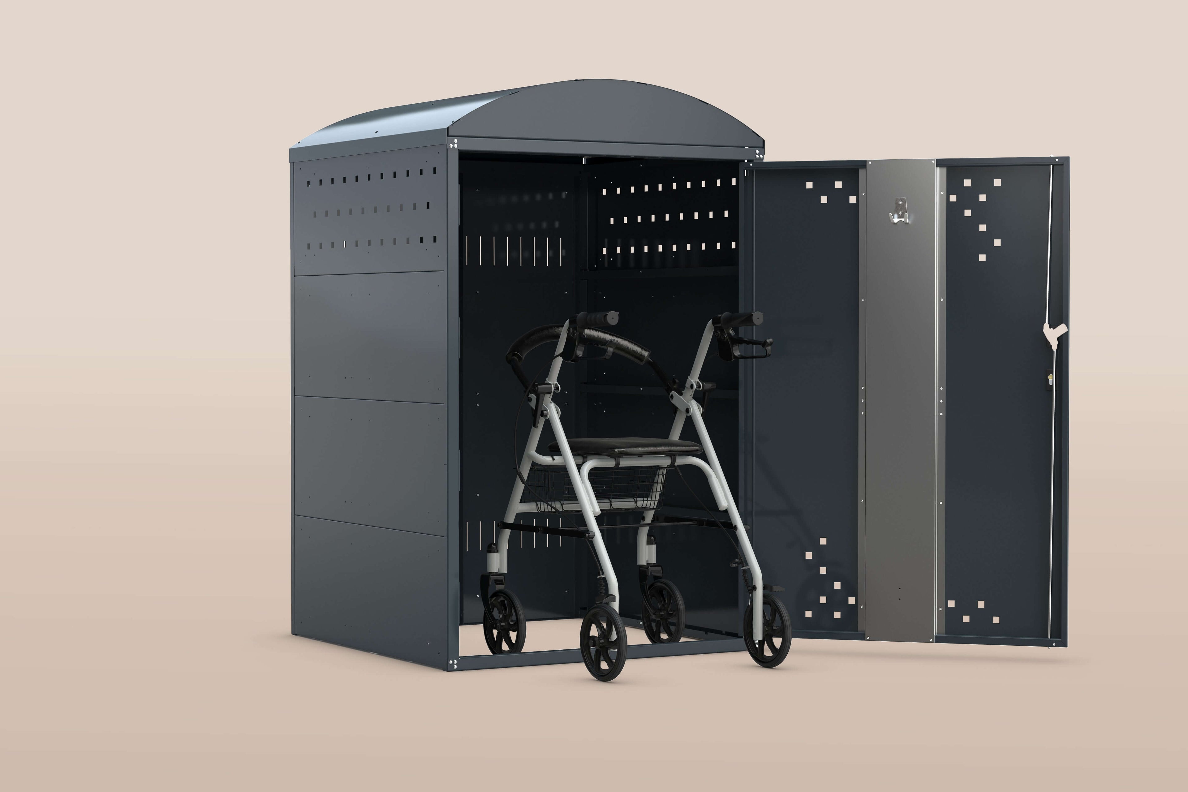 Rollatorbox mit offenem Zugang und Rollator darin, idealer Schutz für Gehhilfen im Freien.