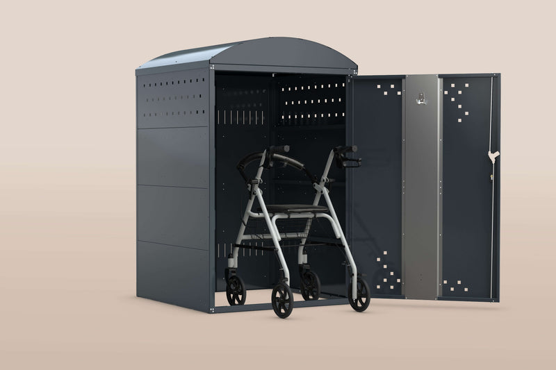 Rollatorbox mit offenem Zugang und Rollator darin, idealer Schutz für Gehhilfen im Freien.