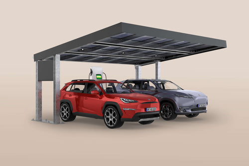 Moderne Carportsystem SolarCover mit zwei Elektroautos unter einem Solardach.